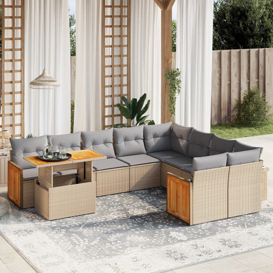 10-tlg. Garten-Sofagarnitur mit Kissen Beige Poly Rattan