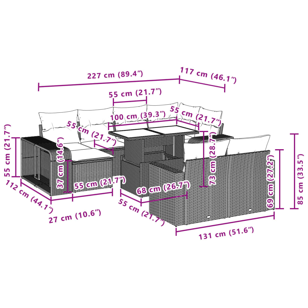 11-tlg. Garten-Sofagarnitur mit Kissen Schwarz Poly Rattan