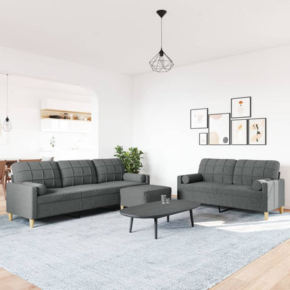 3-tlg. Sofagarnitur mit Fußhocker & Dekokissen Dunkelgrau Stoff