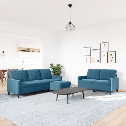 3-tlg. Sofagarnitur mit Kissen Blau Samt
