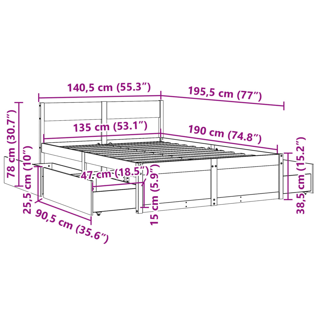 Massivholzbett ohne Matratze 135x190 cm Kiefernholz