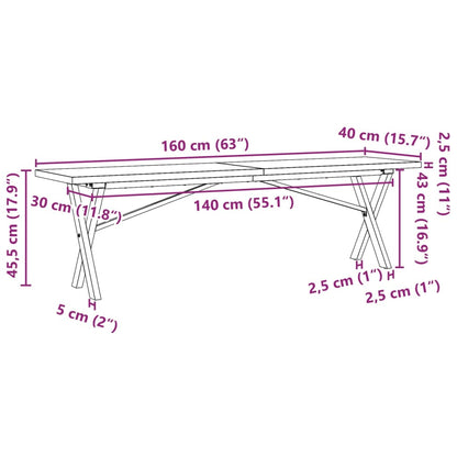 Couchtisch X-Gestell 160x40x45,5 cm Massivholz Kiefer Stahl