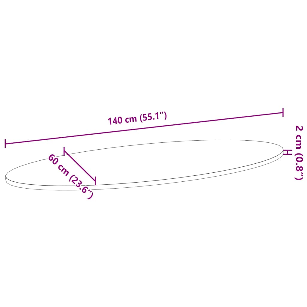 Tischplatte 140x60x2 cm Massivholz Eiche Oval