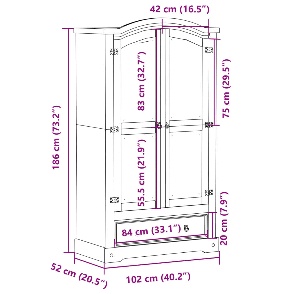 Kleiderschrank Corona 102x52x186 cm Massivholz Kiefer
