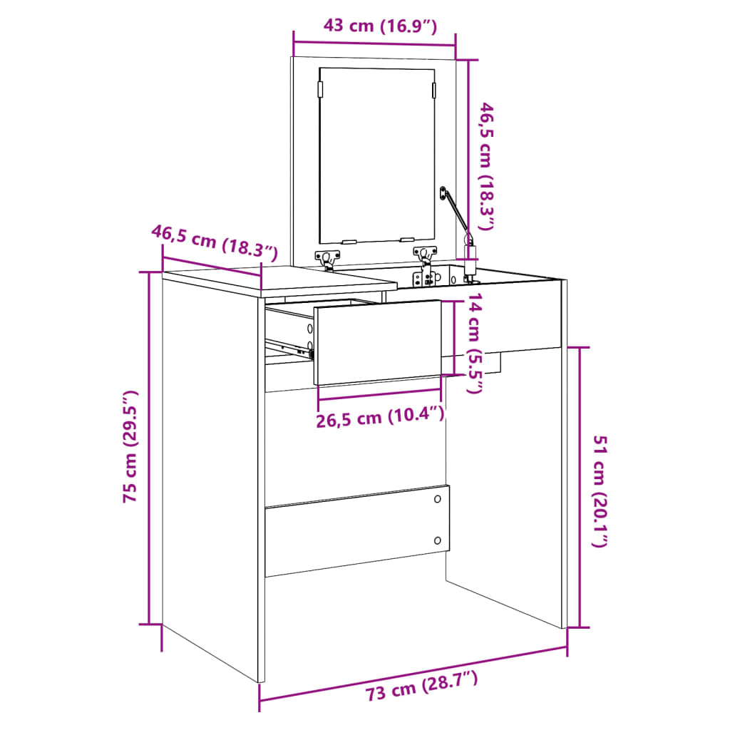 Schminktisch mit Spiegel Schwarz 73x46,5x120 cm