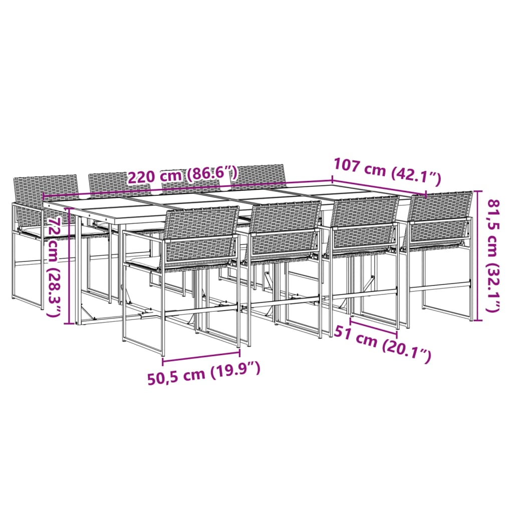 9-tlg. Garten-Essgruppe mit Kissen Schwarz Poly Rattan