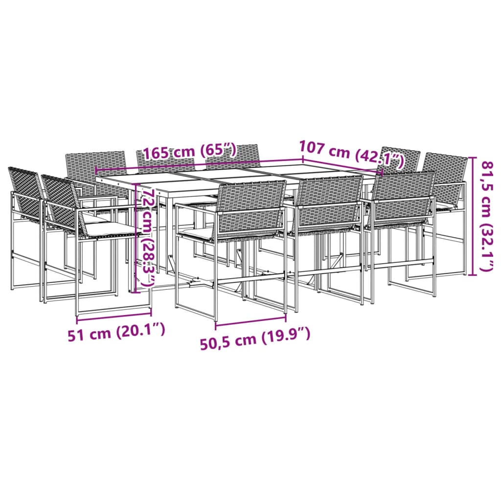 11-tlg. Garten-Essgruppe mit Kissen Schwarz Poly Rattan