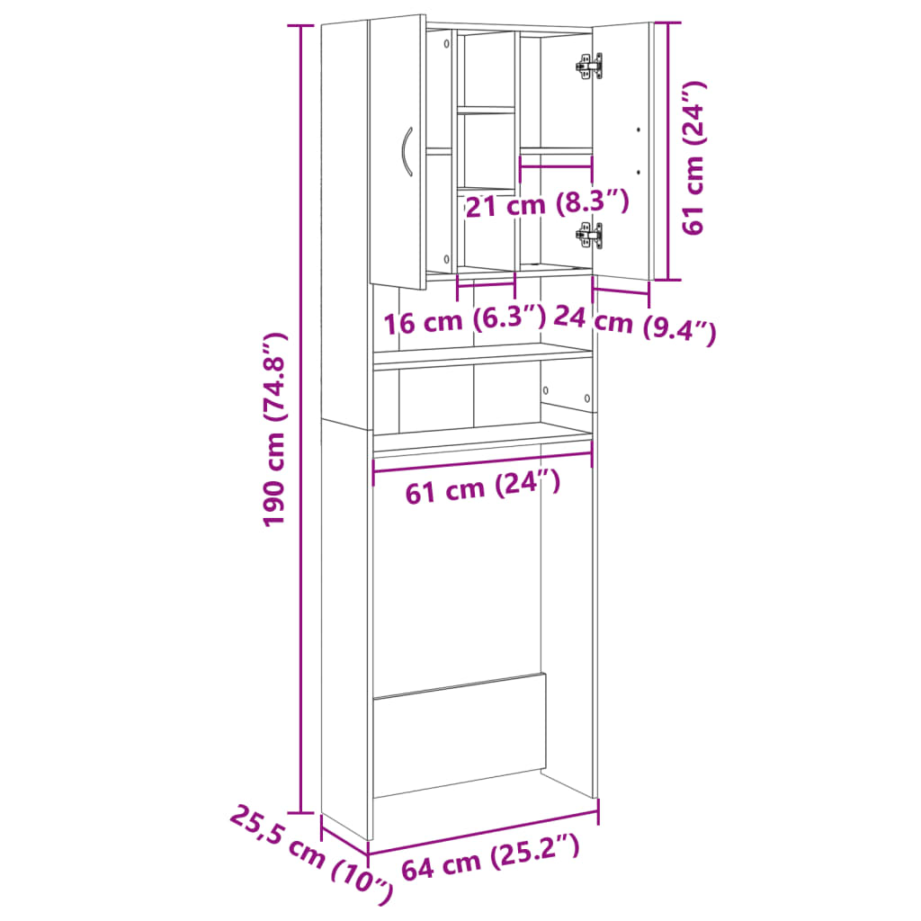 Waschmaschinenschrank Sonoma-Eiche 64x25,5x190 cm