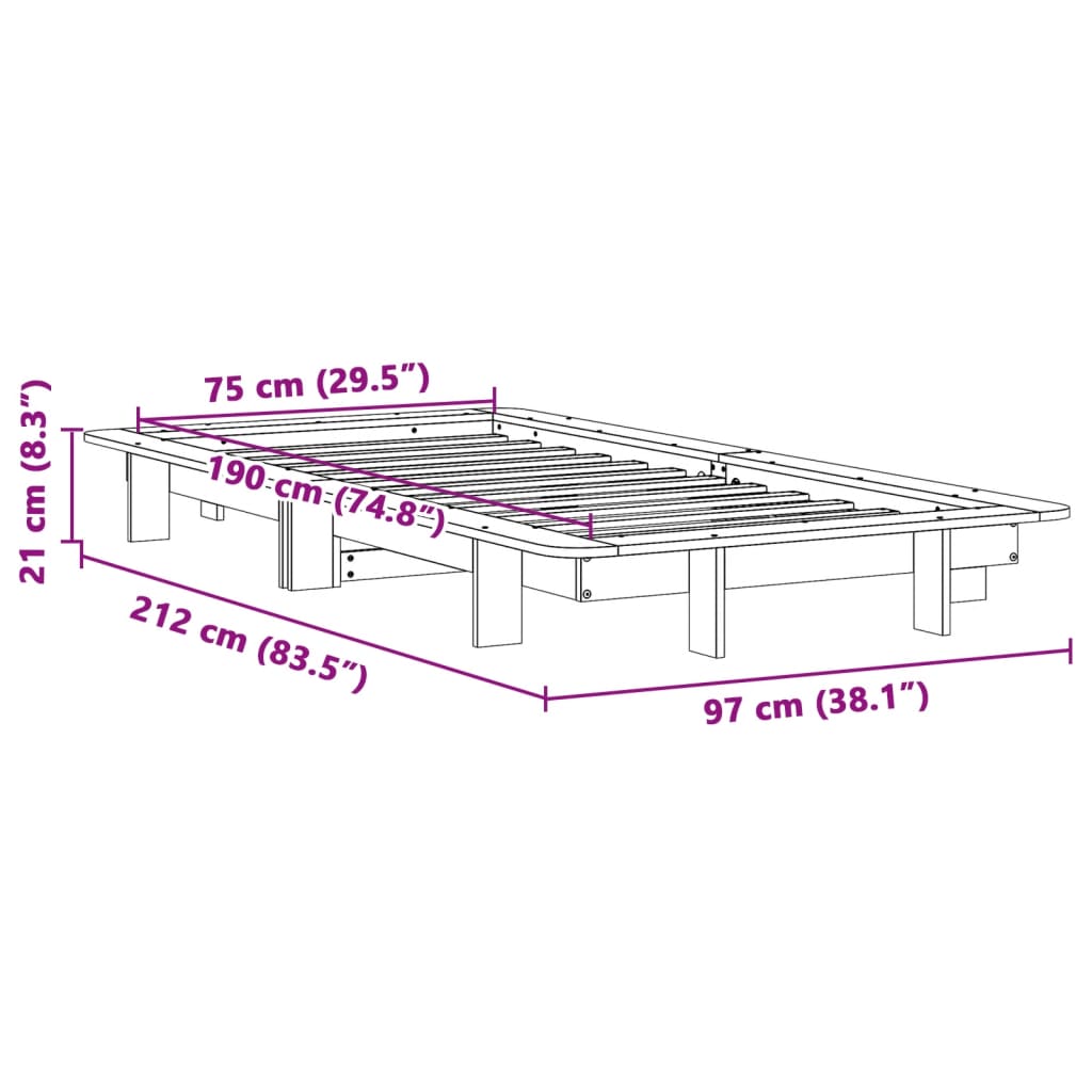 Massivholzbett ohne Matratze Weiß 75x190 cm Kiefernholz