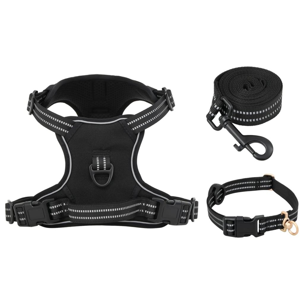 Hundegeschirr mit Leine & Halsband Verstellbar Schwarz XL