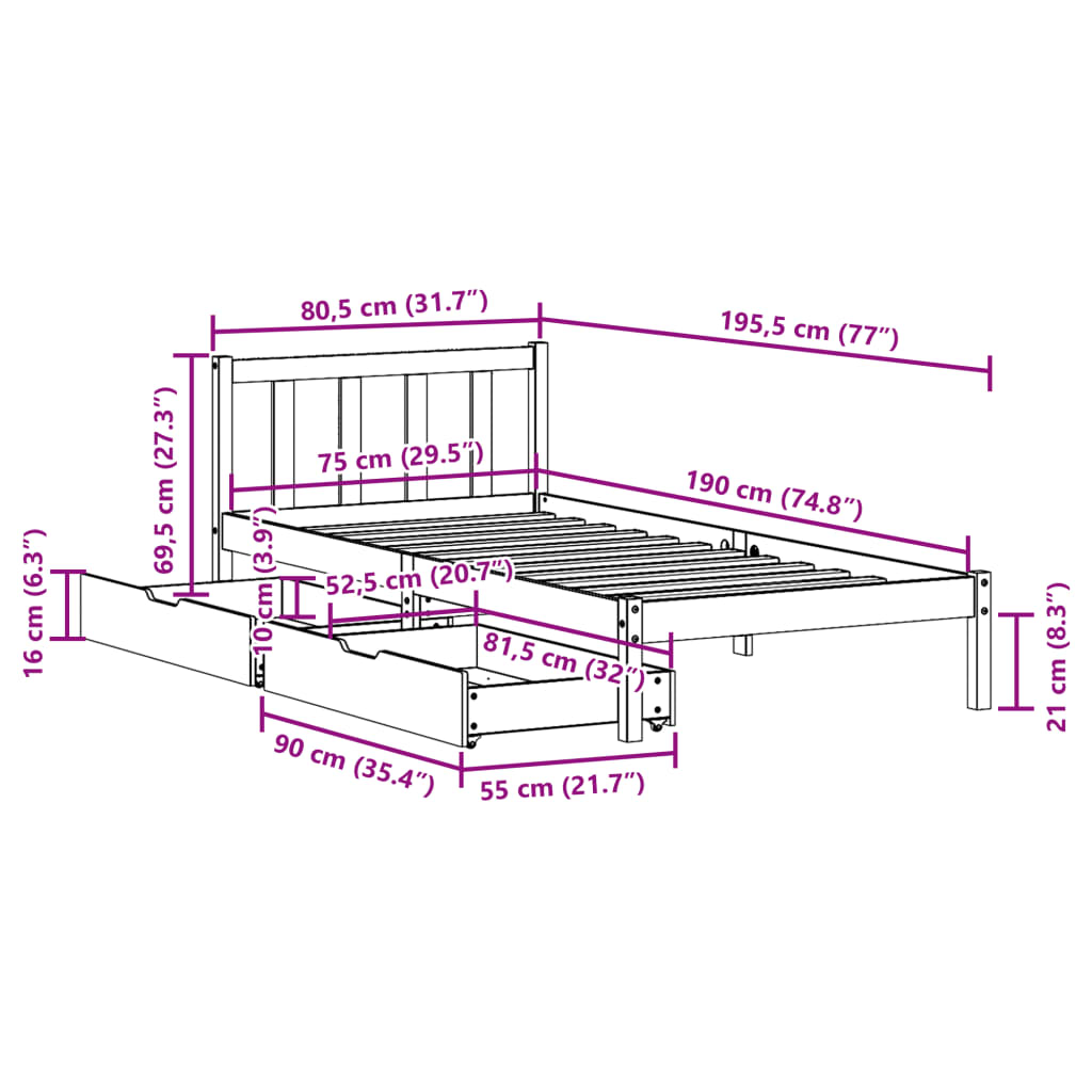 Massivholzbett ohne Matratze 75x190 cm Kiefernholz