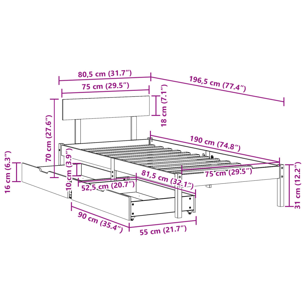 Massivholzbett ohne Matratze 75x190 cm Kiefernholz