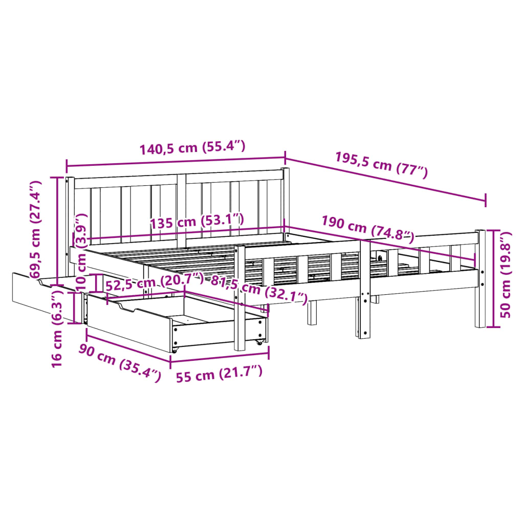 Massivholzbett ohne Matratze 135x190 cm Kiefernholz