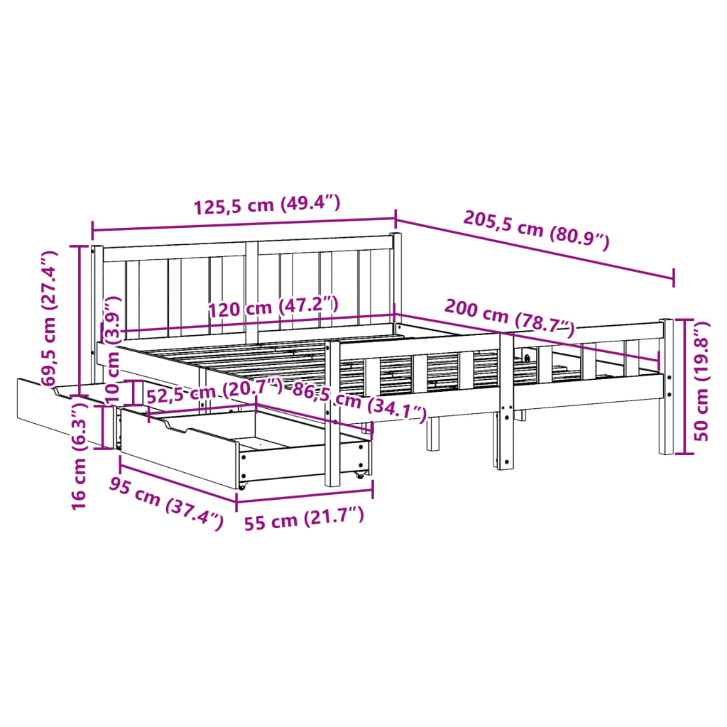 Massivholzbett ohne Matratze 120x200 cm Kiefernholz