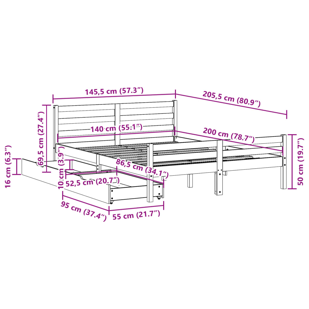 Massivholzbett ohne Matratze 140x200 cm Kiefernholz