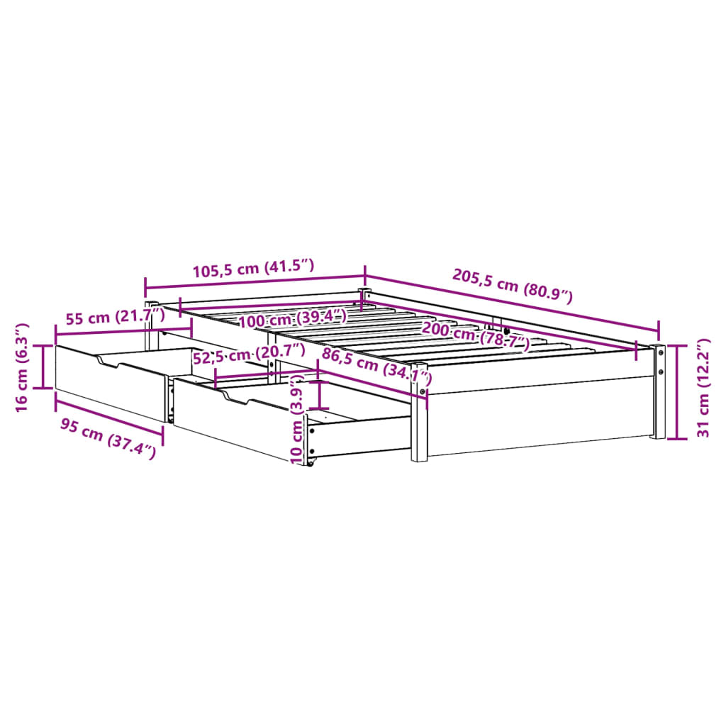 Massivholzbett ohne Matratze 100x200 cm Kiefernholz