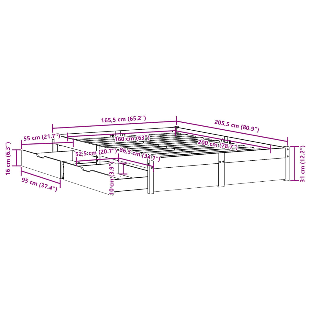 Massivholzbett ohne Matratze 160x200 cm Kiefernholz