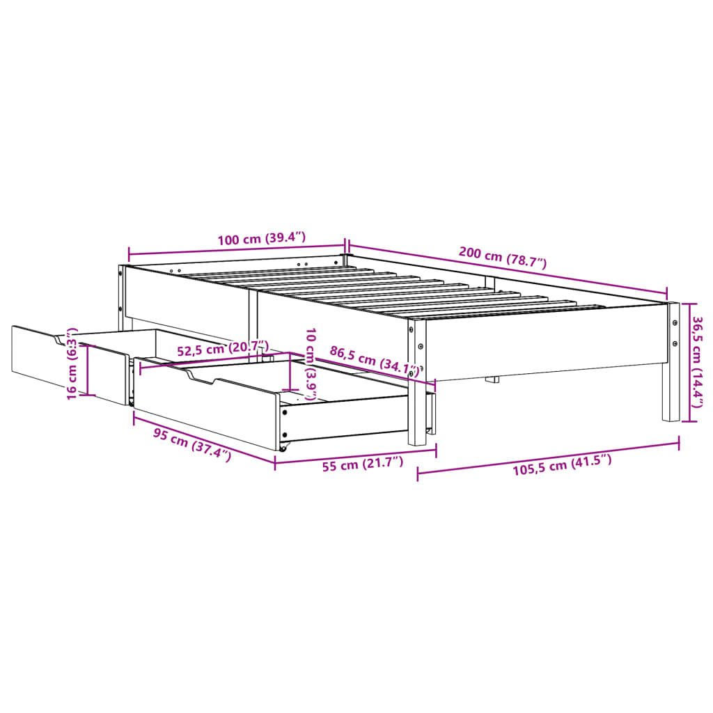 Massivholzbett ohne Matratze 100x200 cm Kiefernholz