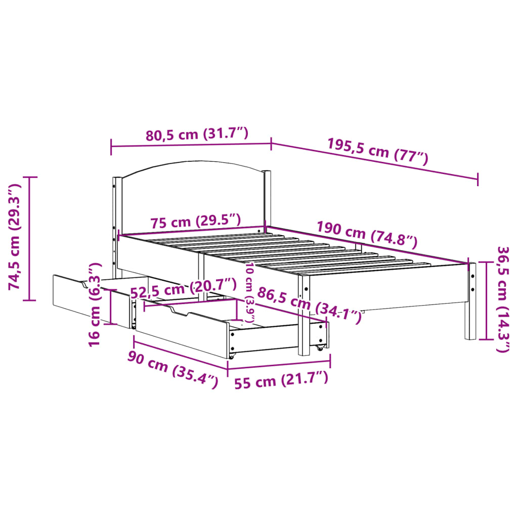 Massivholzbett ohne Matratze 75x190 cm Kiefernholz