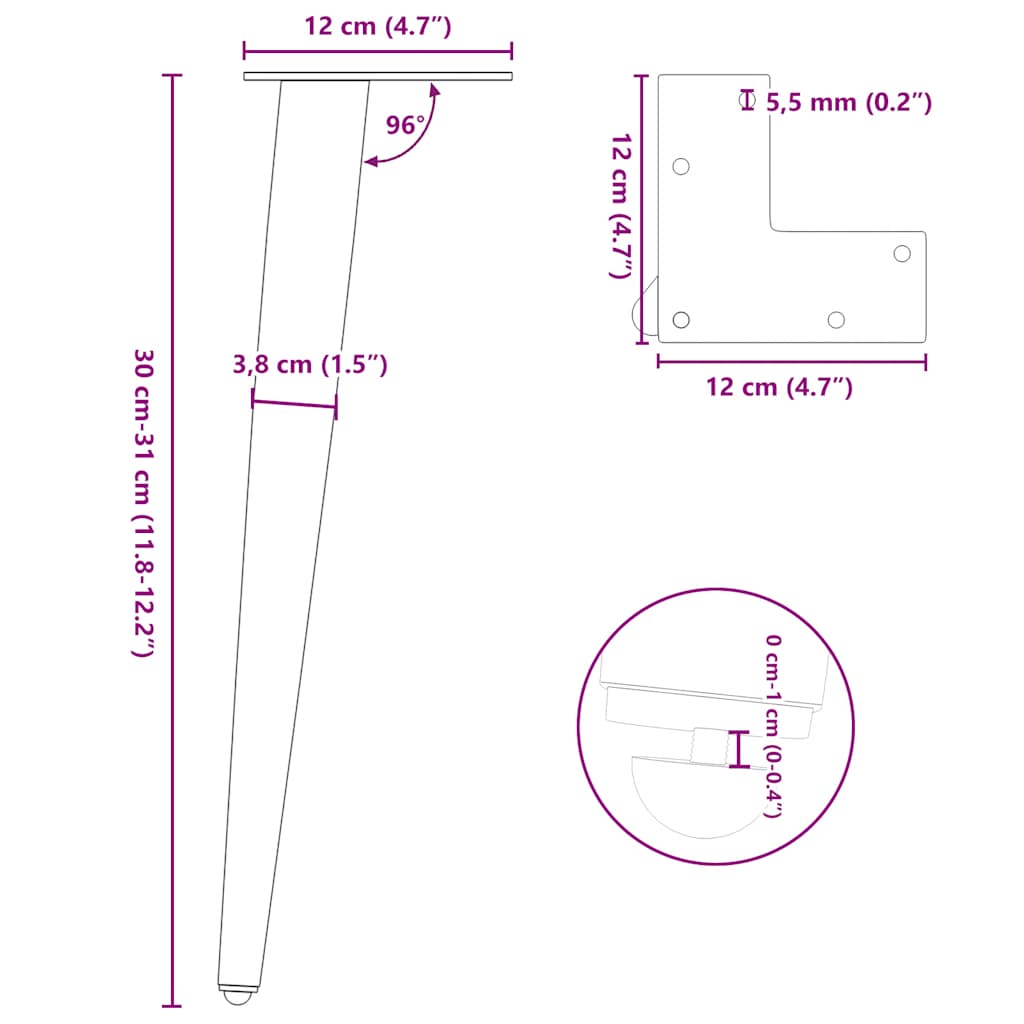 Couchtischbeine Konische Form 4 Stk. Weiß 30-31 cm Stahl