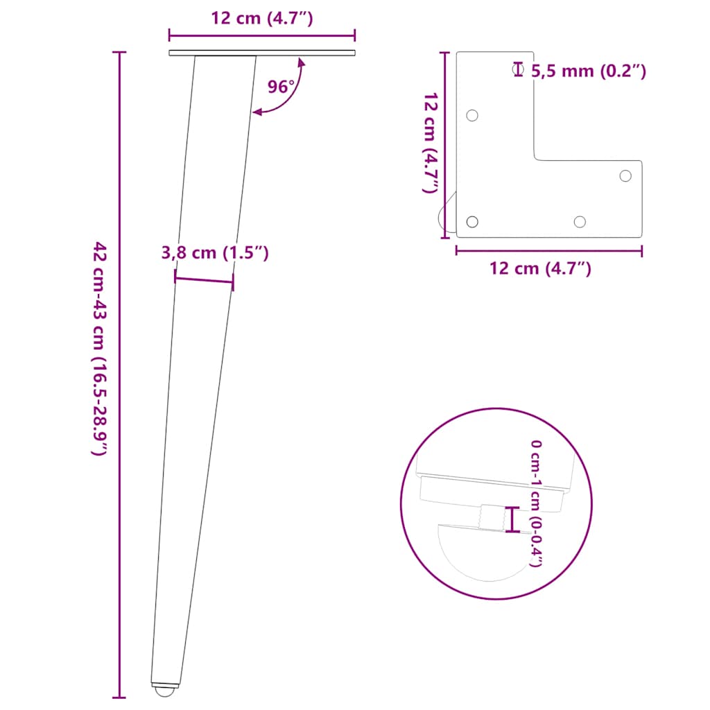 Couchtischbeine Konische Form 4 Stk. Schwarz 42-43 cm Stahl