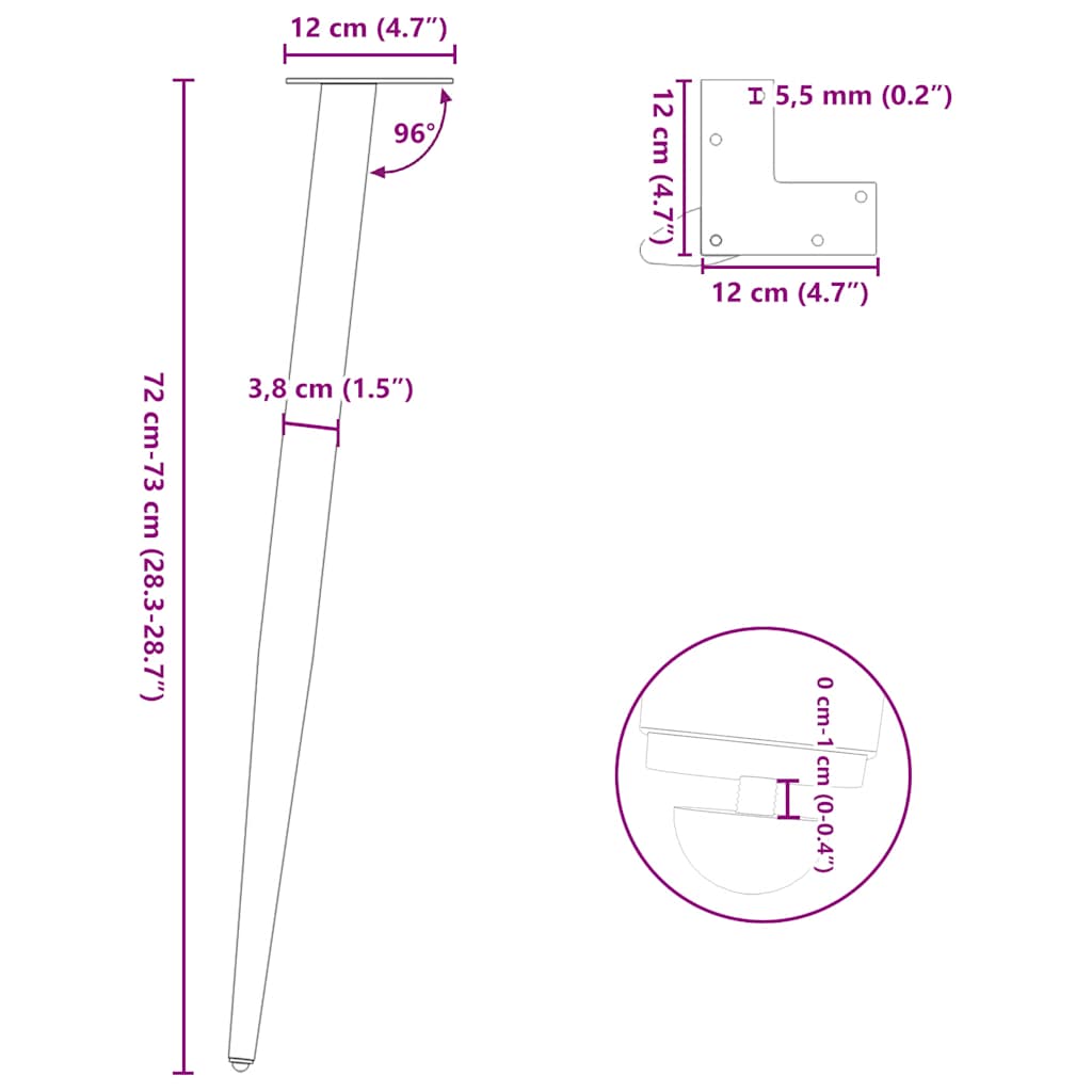 Couchtischbeine Konische Form 4 Stk. Weiß 72-73 cm Stahl