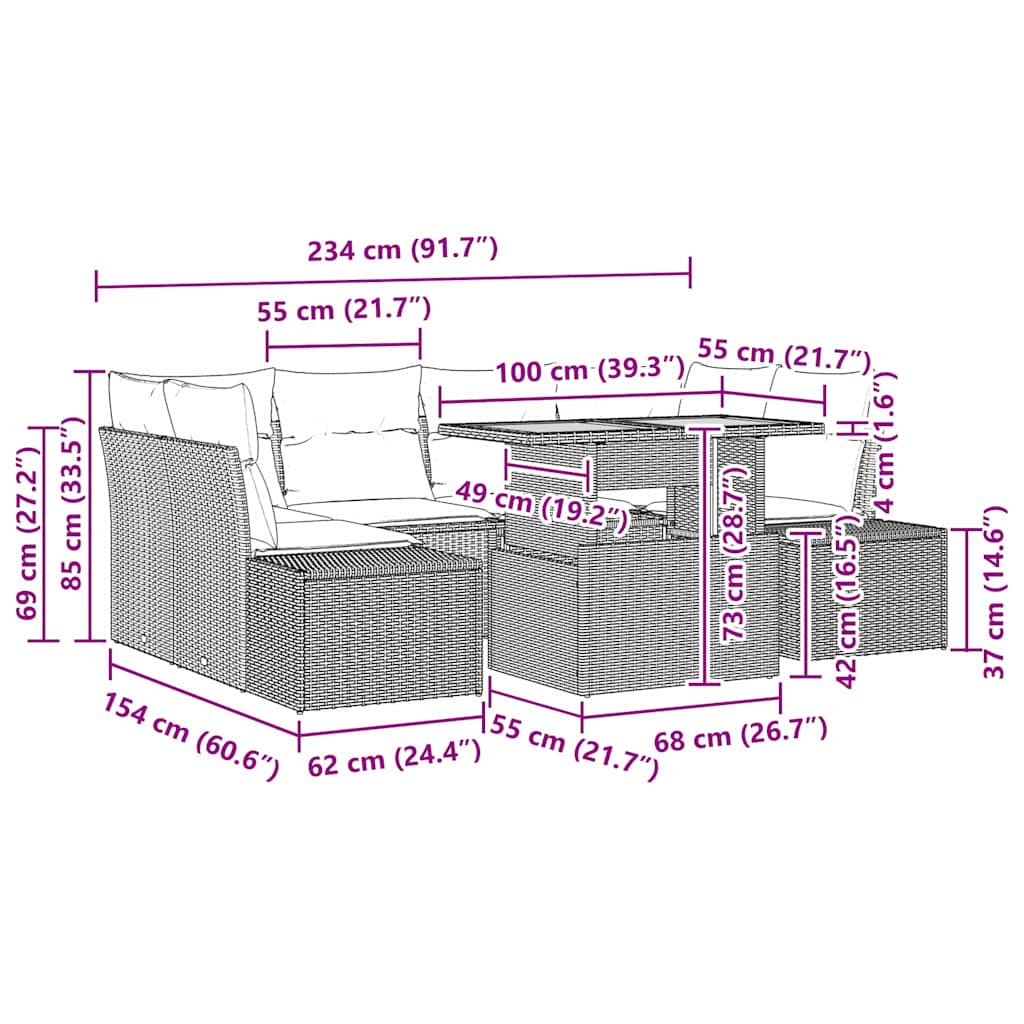 Garten Essgruppe mit Kissen mit Kissen 7 pcs Schwarz und Braun