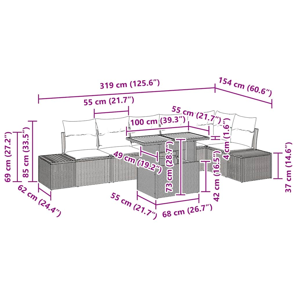 Garten Essgruppe mit Kissen mit Kissen 7 pcs Schwarz und Creme