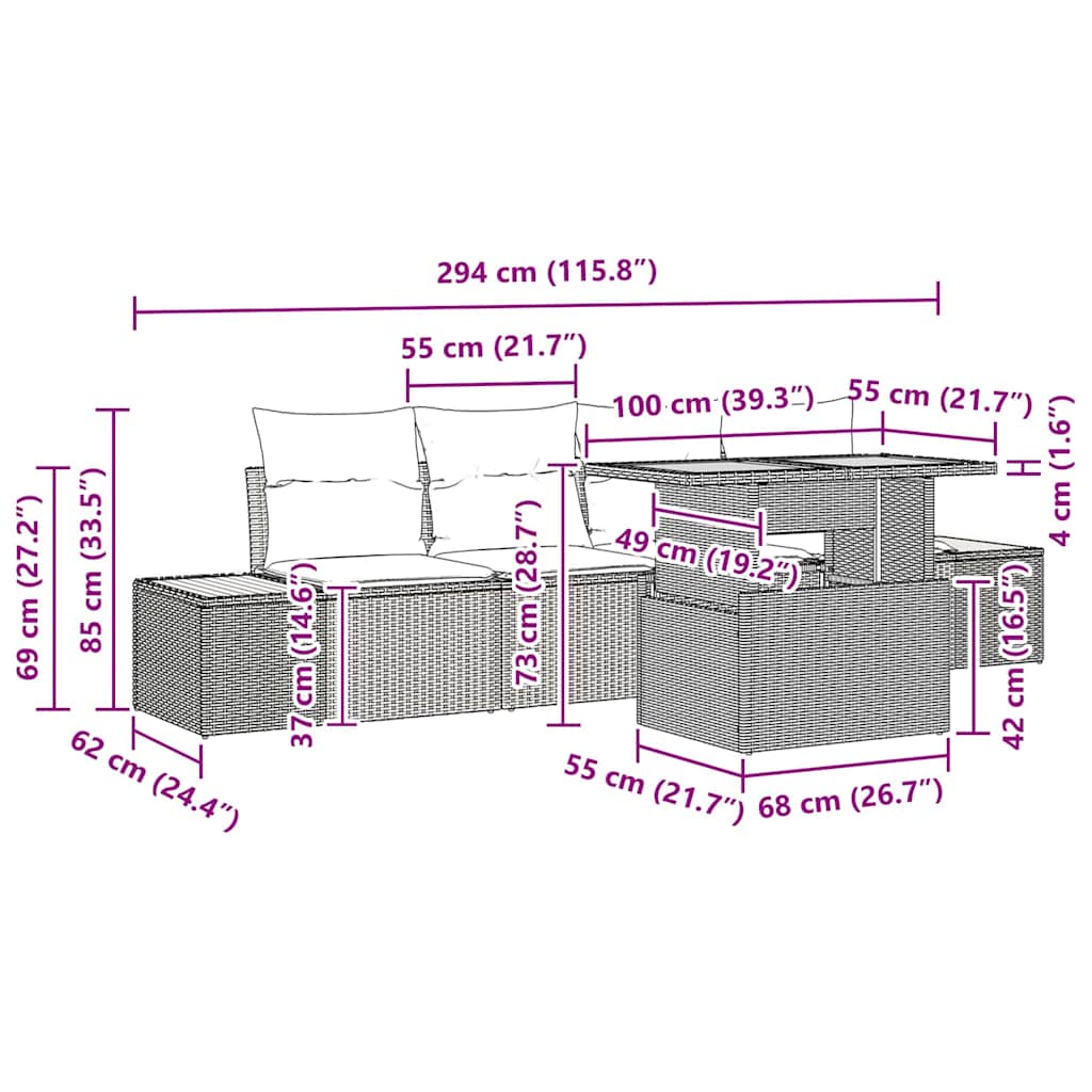 Garten Essgruppe mit Kissen mit Kissen 5 pcs Grau und Braun