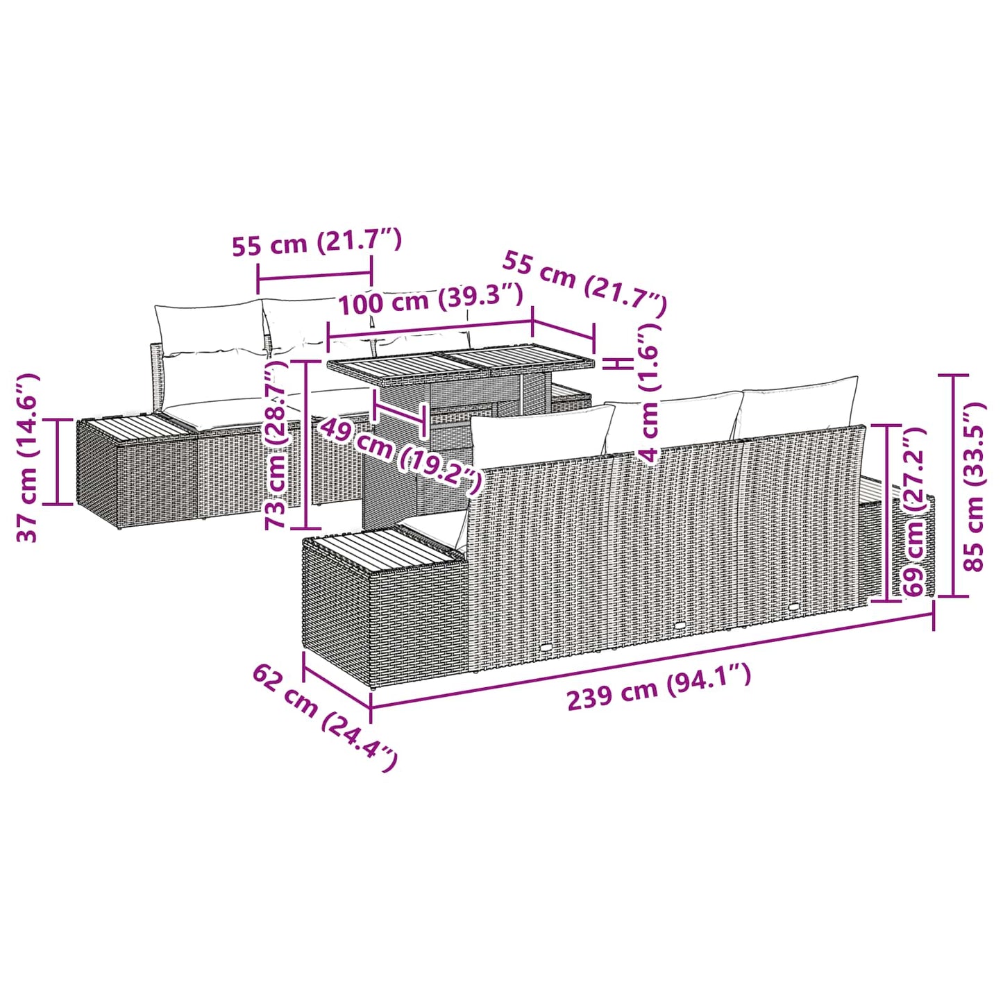 Garten Essgruppe mit Kissen mit Kissen 7 pcs Schwarz und Braun