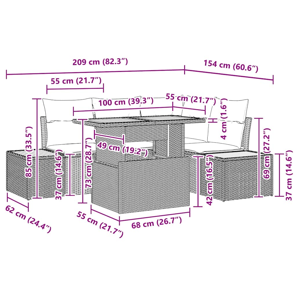 Garten Essgruppe mit Kissen mit Kissen 5 pcs Grau und Braun