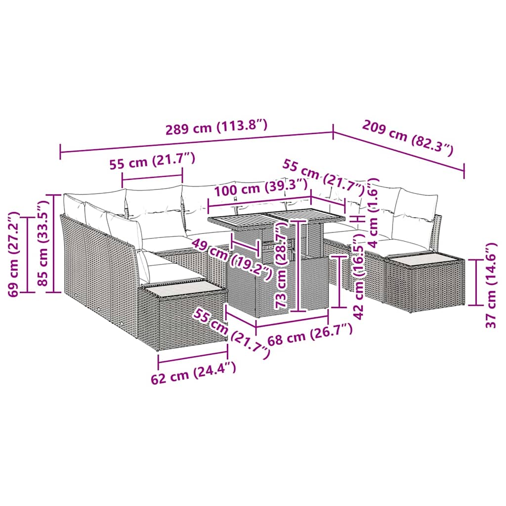 Garten Essgruppe mit Kissen mit Kissen 10 pcs Grau und Braun