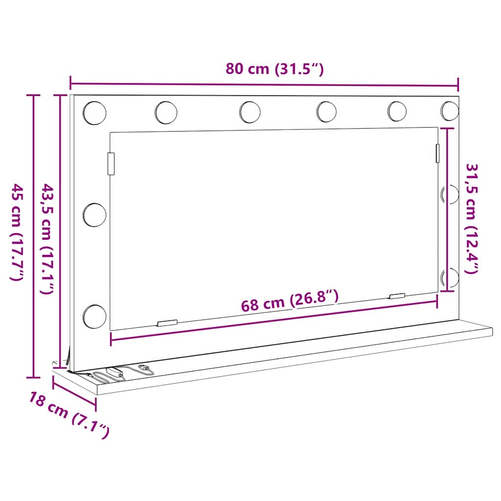 Waschtischspiegel mit LED-Lichtleisten Altholz 80 x 45 x 18 cm