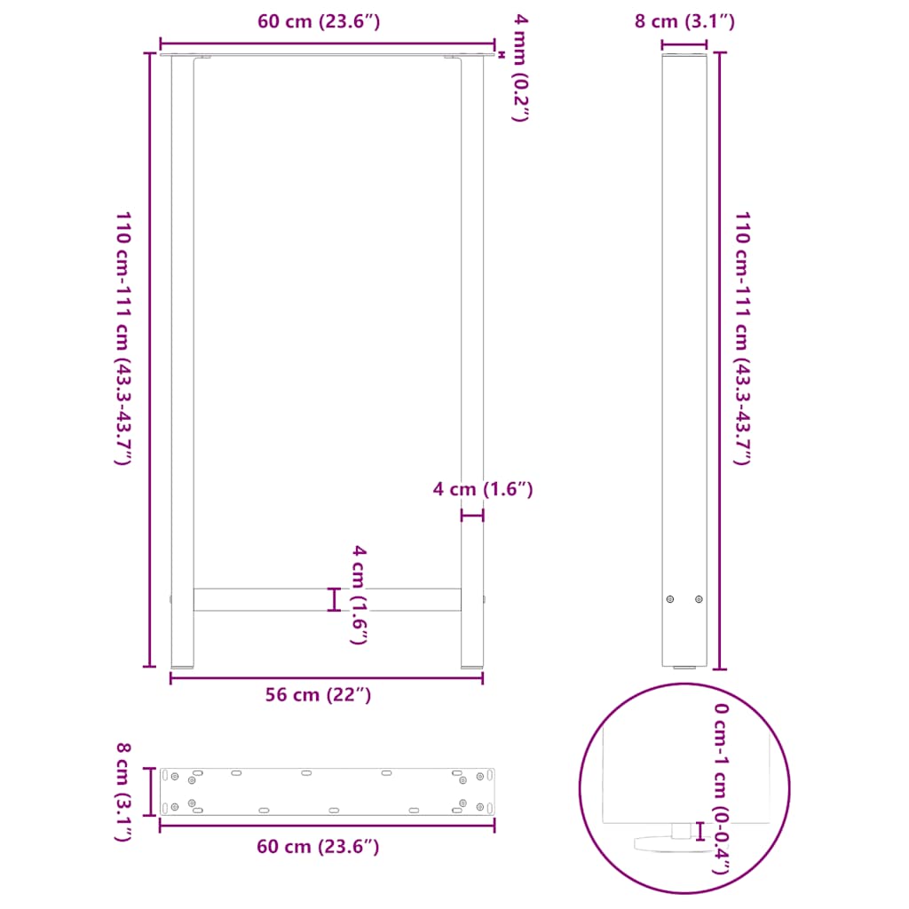 Couchtischbeine Schwarz 2 Stk. 60x(110-111) cm Stahl