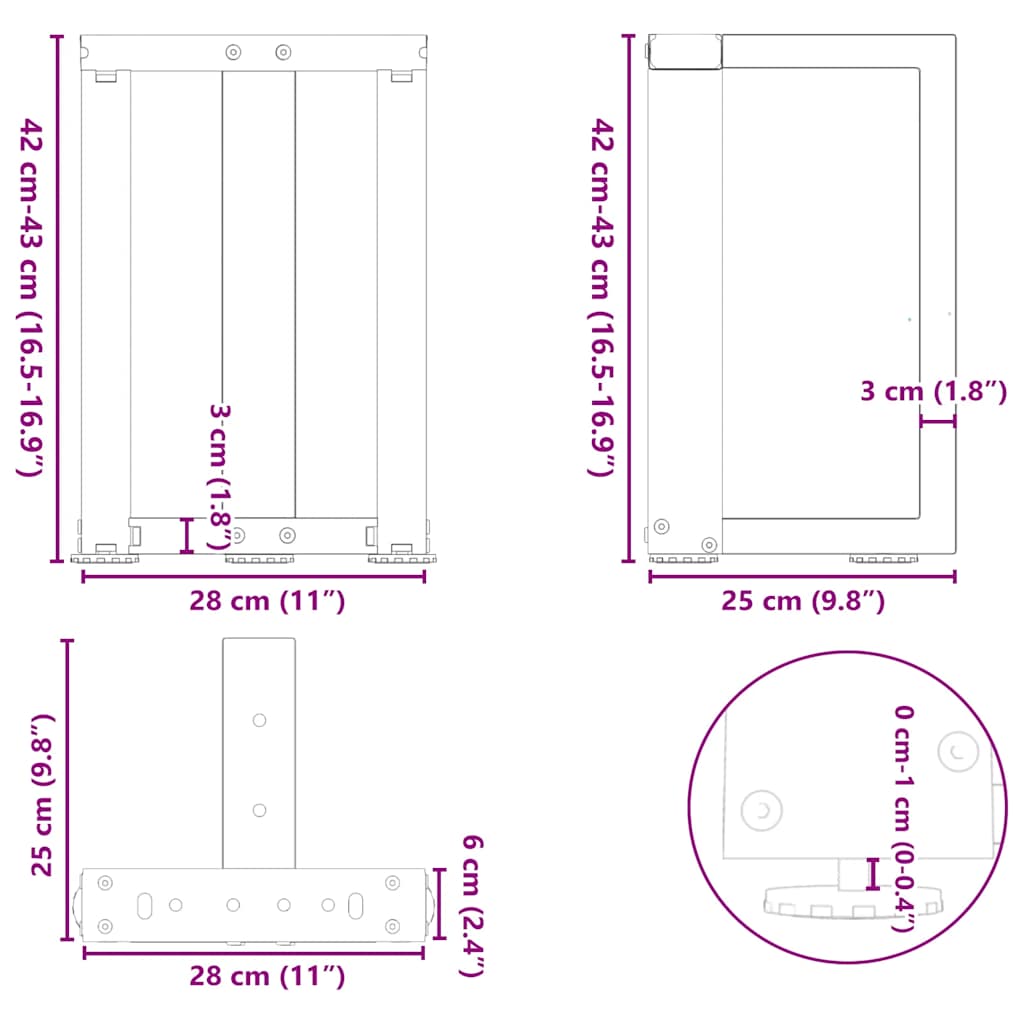 Couchtischbeine T-Form 2 Stk. Schwarz 28x25x(42-43) cm Stahl