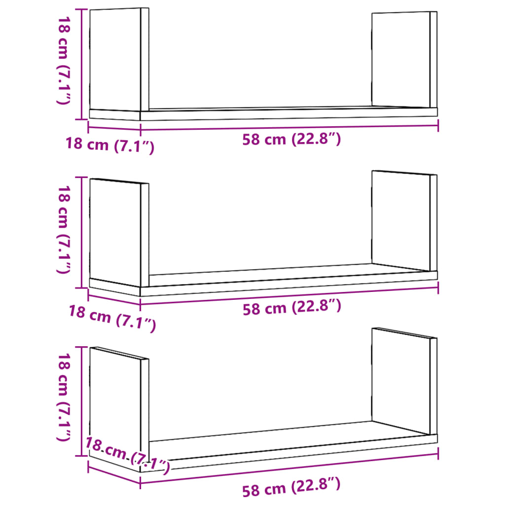 Wandregale 3 Stk. Grau Sonoma 58x18x18 cm Holzwerkstoff