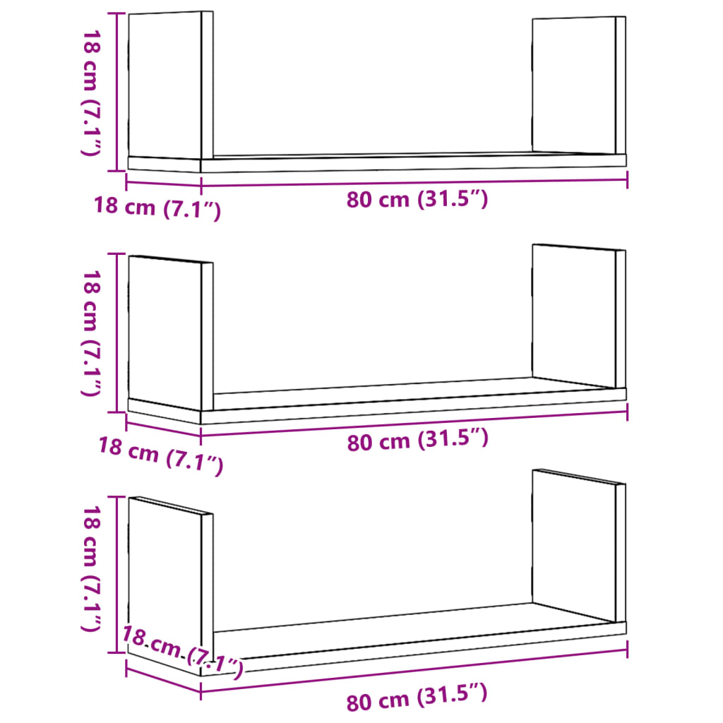 Wandregale 3 Stk. Eichen-Optik 80x18x18 cm Holzwerkstoff