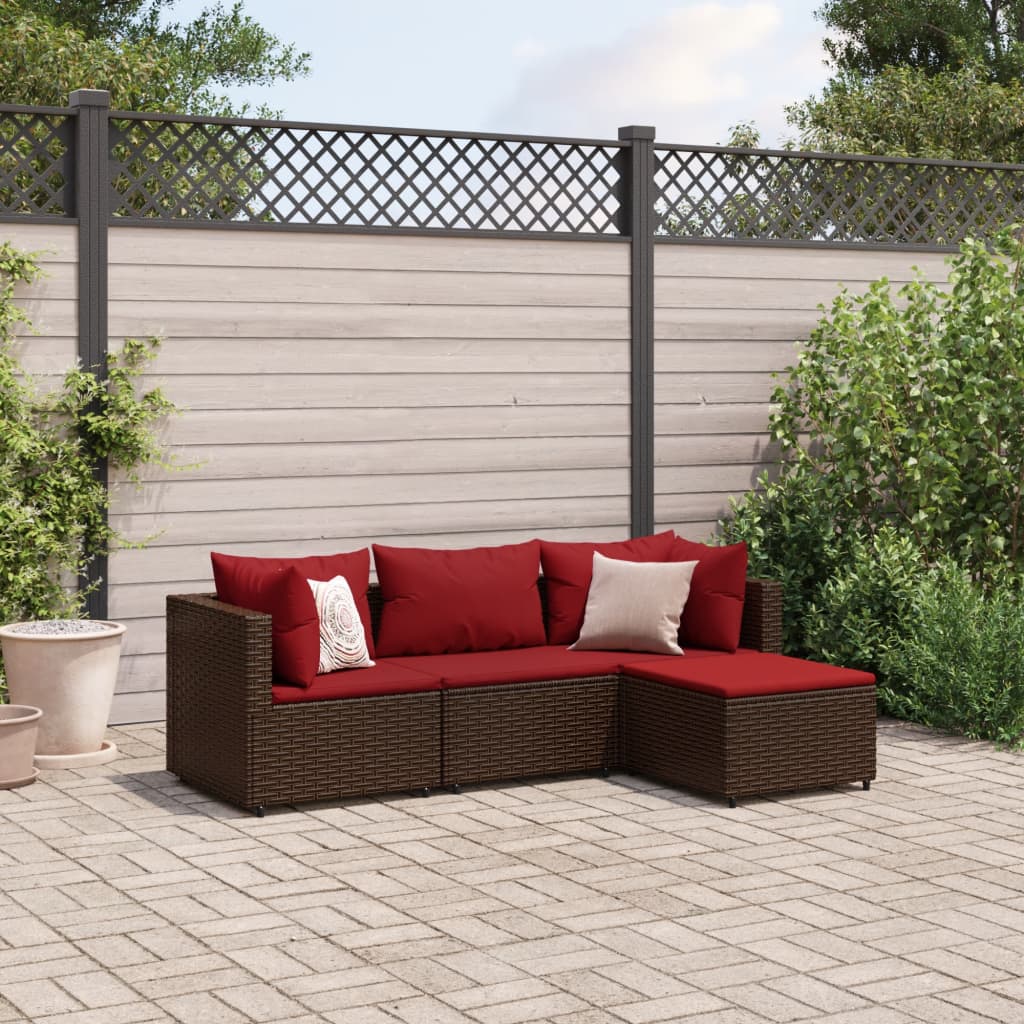 4-tlg. Garten-Lounge-Set mit Kissen Braun Poly Rattan