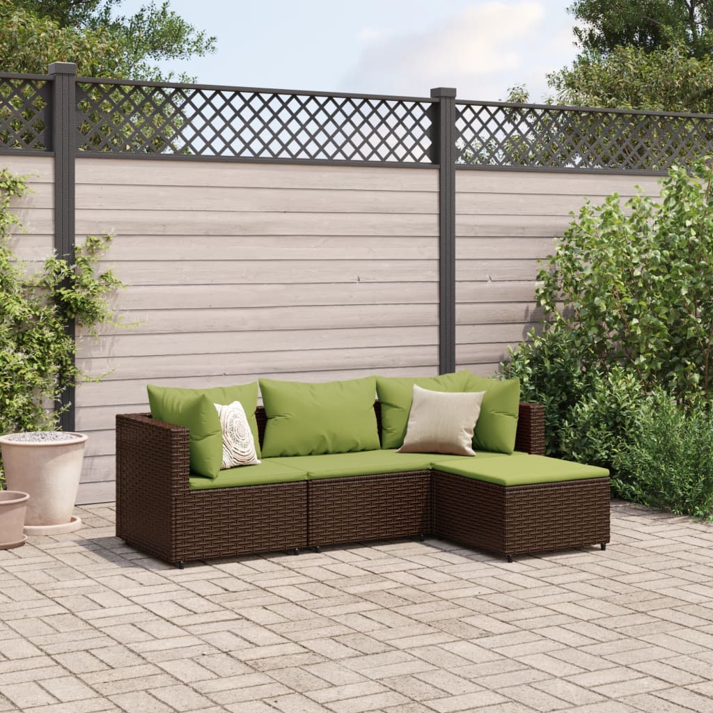 4-tlg. Garten-Lounge-Set mit Kissen Braun Poly Rattan