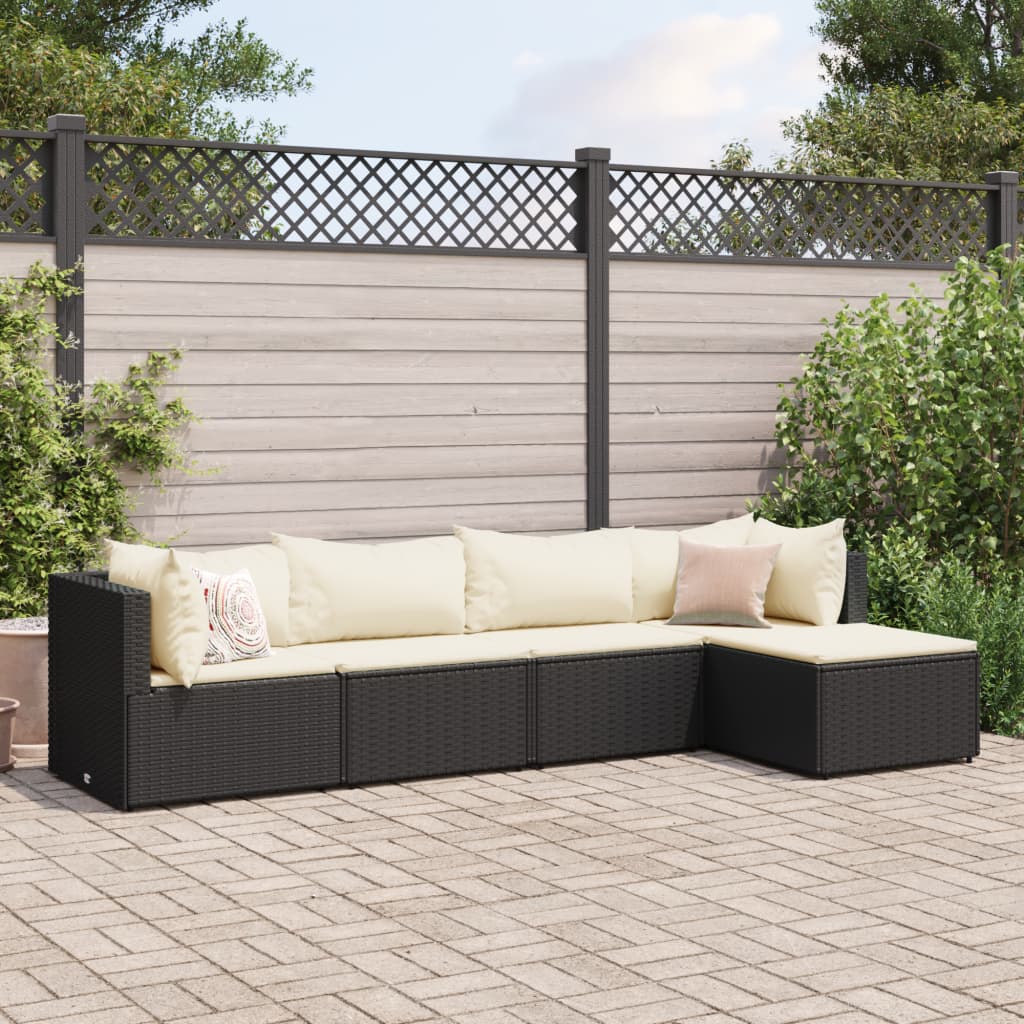 5-tlg. Garten-Lounge-Set mit Kissen Schwarz Poly Rattan