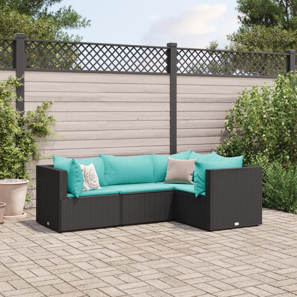 4-tlg. Garten-Lounge-Set mit Kissen Schwarz Poly Rattan