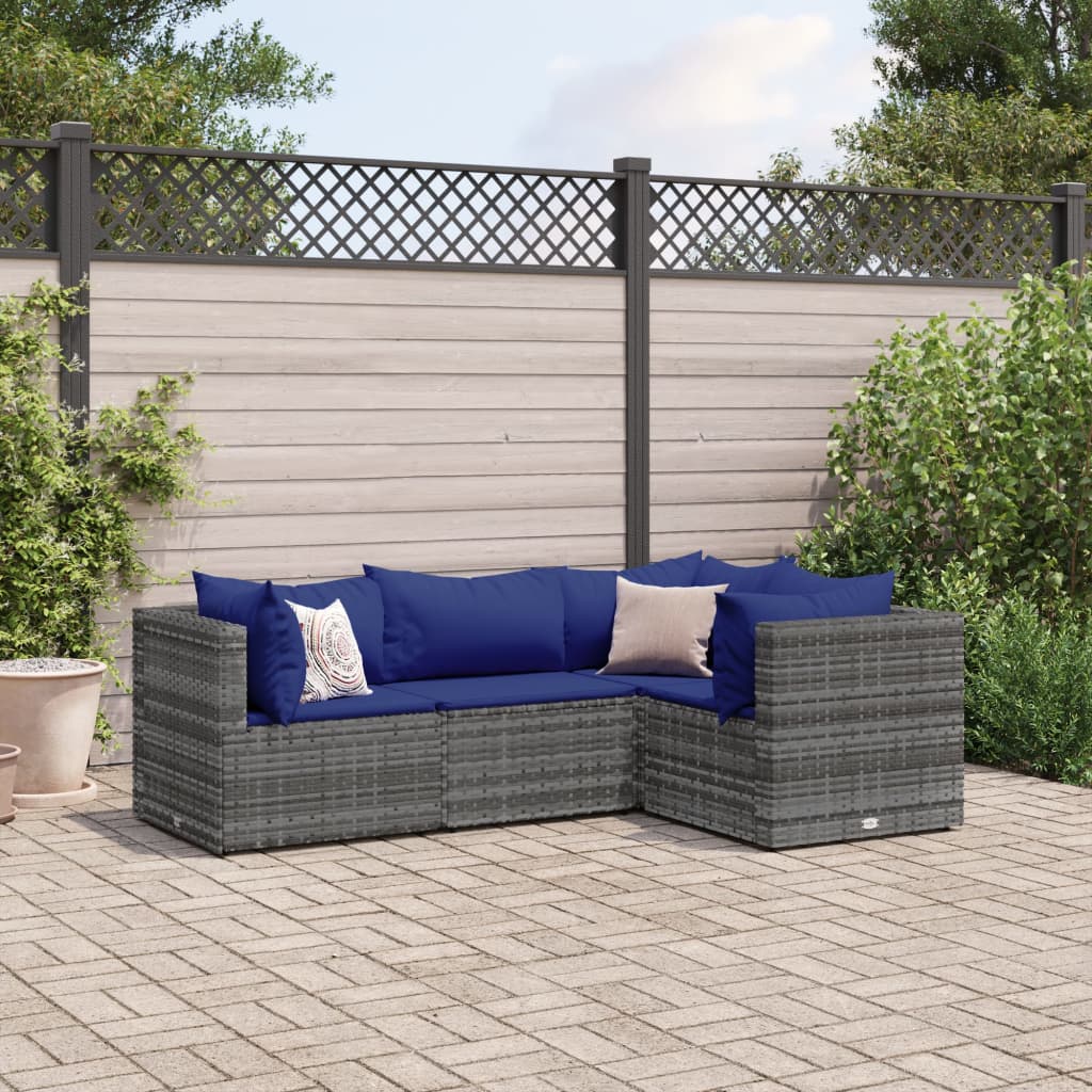 4-tlg. Garten-Lounge-Set mit Kissen Grau Poly Rattan