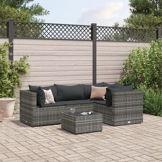 5-tlg. Garten-Lounge-Set mit Kissen Grau Poly Rattan