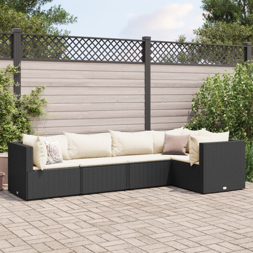 5-tlg. Garten-Lounge-Set mit Kissen Schwarz Poly Rattan