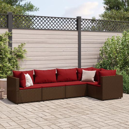 5-tlg. Garten-Lounge-Set mit Kissen Braun Poly Rattan