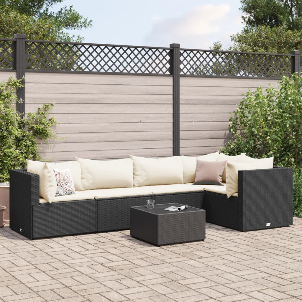 6-tlg. Garten-Lounge-Set mit Kissen Schwarz Poly Rattan