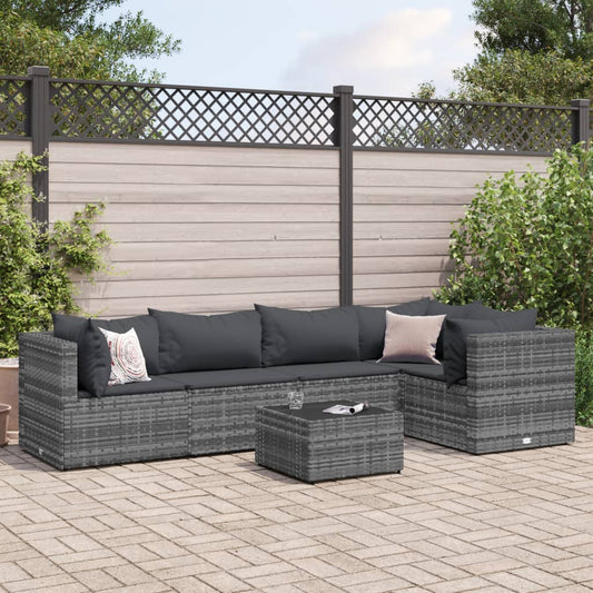 6-tlg. Garten-Lounge-Set mit Kissen Grau Poly Rattan