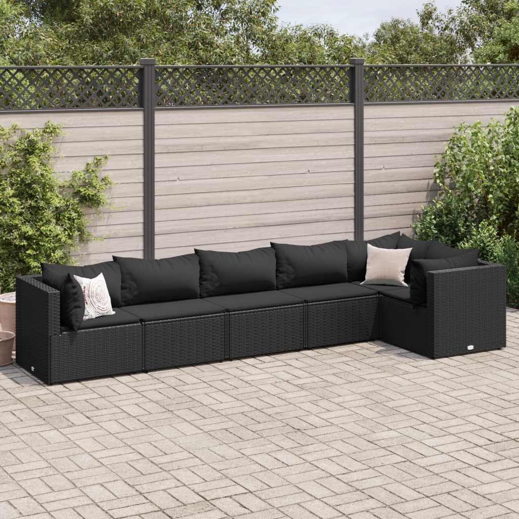 6-tlg. Garten-Lounge-Set mit Kissen Schwarz Poly Rattan