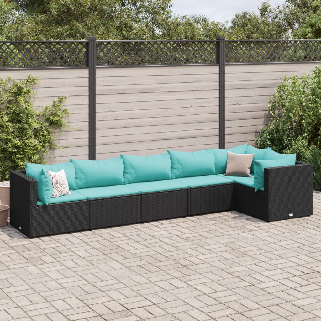 6-tlg. Garten-Lounge-Set mit Kissen Schwarz Poly Rattan