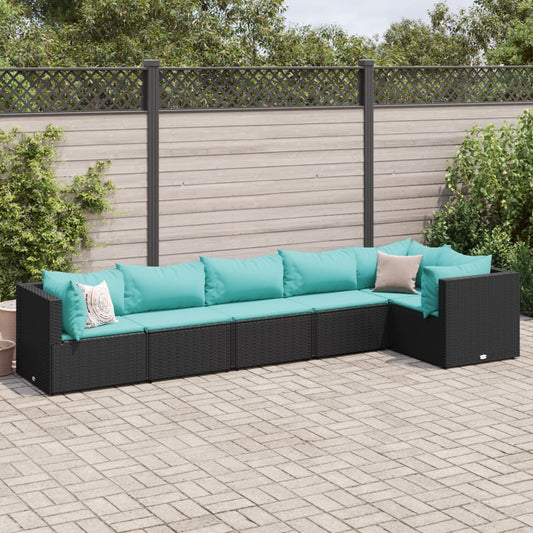 6-tlg. Garten-Lounge-Set mit Kissen Schwarz Poly Rattan